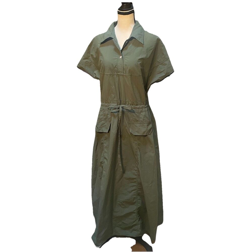 Melloday Olive Green Drawstring Midi Shirtdress L Pockets Utility Gorpcore Tech